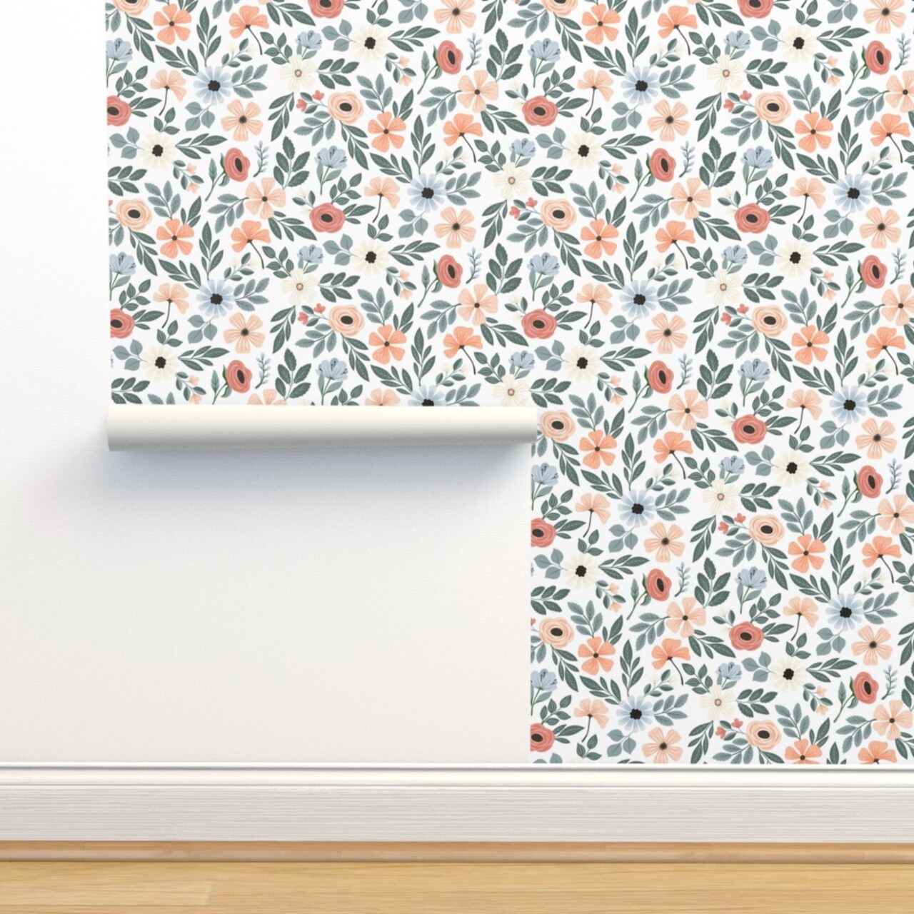 Coral Floral Sage Green Leaf Pretty Flowers Delicate Garden Custom Removable Wallpaper by Spoonflower Peel & Stick Wallpaper 2FT Wide